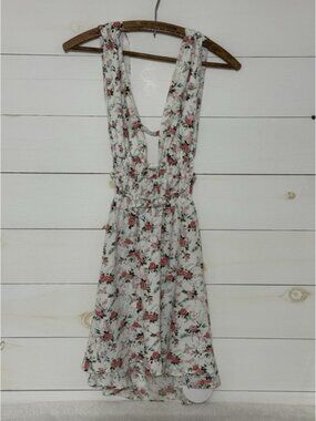 SHEIN Halter Floral Mini Dress White With Pink Rose Print Size XS NWT